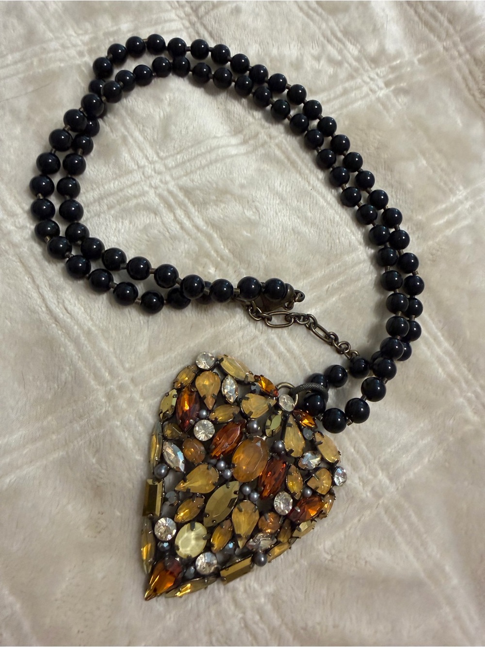 Statement Black Bead Necklace with Amber Crystal Pendant